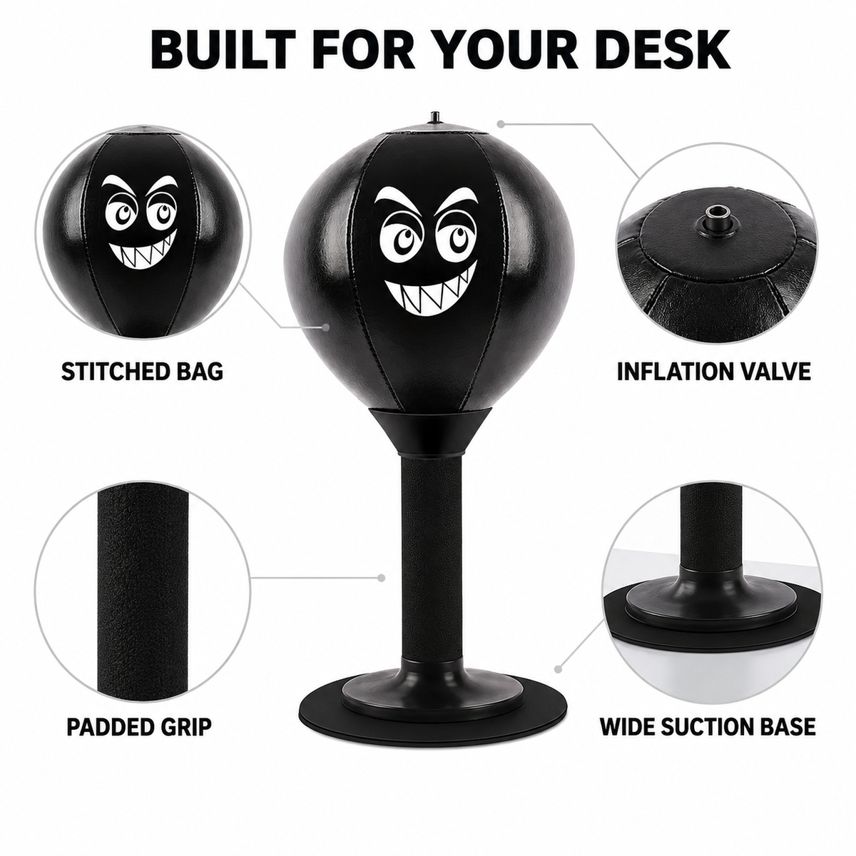 TiltBag product features including stitched bag, inflation valve, padded grip and suction base