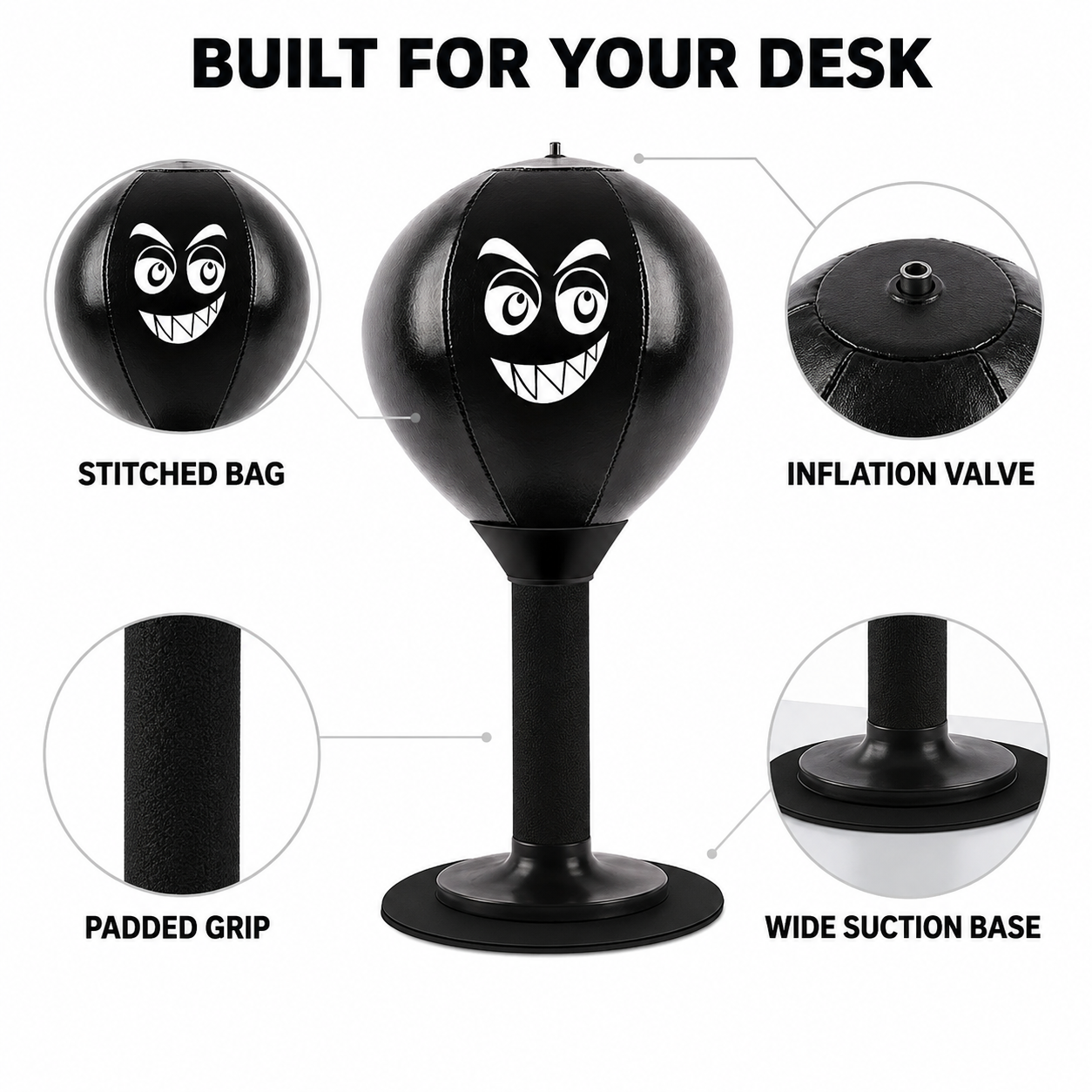 TiltBag product features including stitched bag, inflation valve, padded grip and suction base